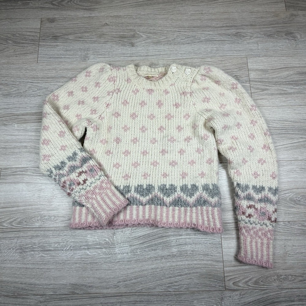 LoveShackFancy Rosie Alpaca Wool Fair Isle Puff Sleeve Sweater Cream Pink XS